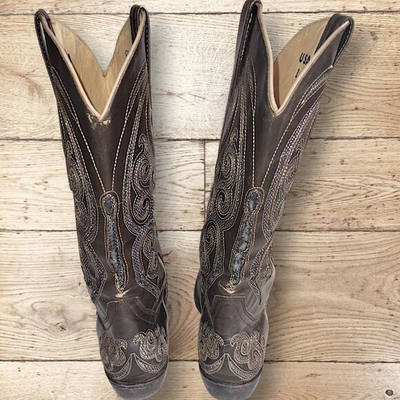 Republic Boot Co. Womens Sz 9.5 Oil Tanned Leather Brown Sparkles Embroidered - Picture 5 of 12